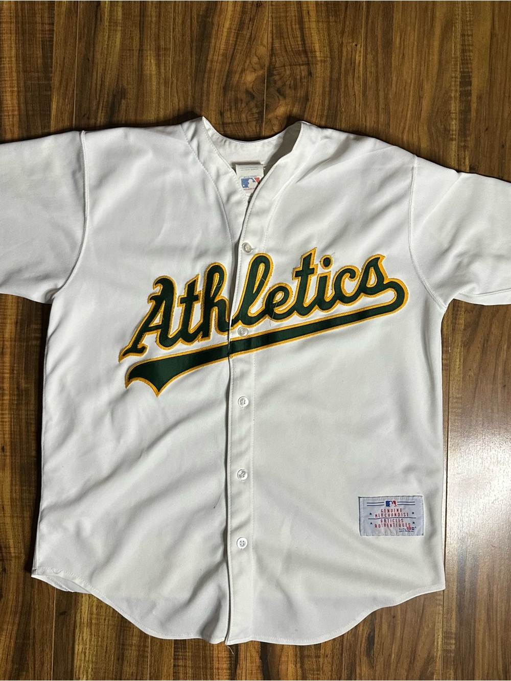 Late 80s Athletics Script Logo Baseball Jersey - White/Green/Yellow